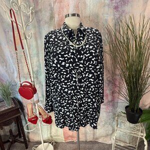 VTG📌 Thea 42 Plus Long-Sleeved Collared Blouse Black & White Abstract  Pattern